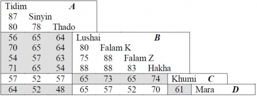 Lexical similarity matrix for some varieties of Chin